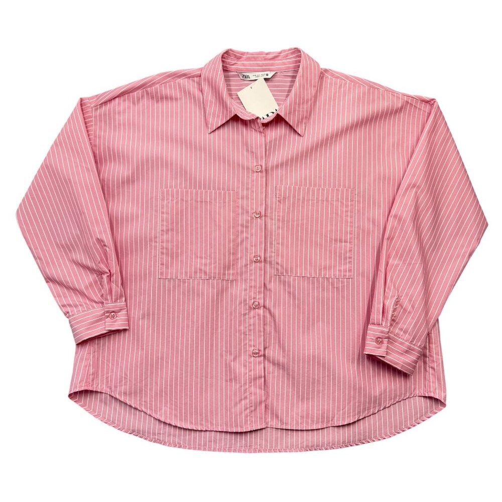 Zara Button Up Shirt Pink Striped Preppy Office Clean‎ Girl Career Womens L NEW